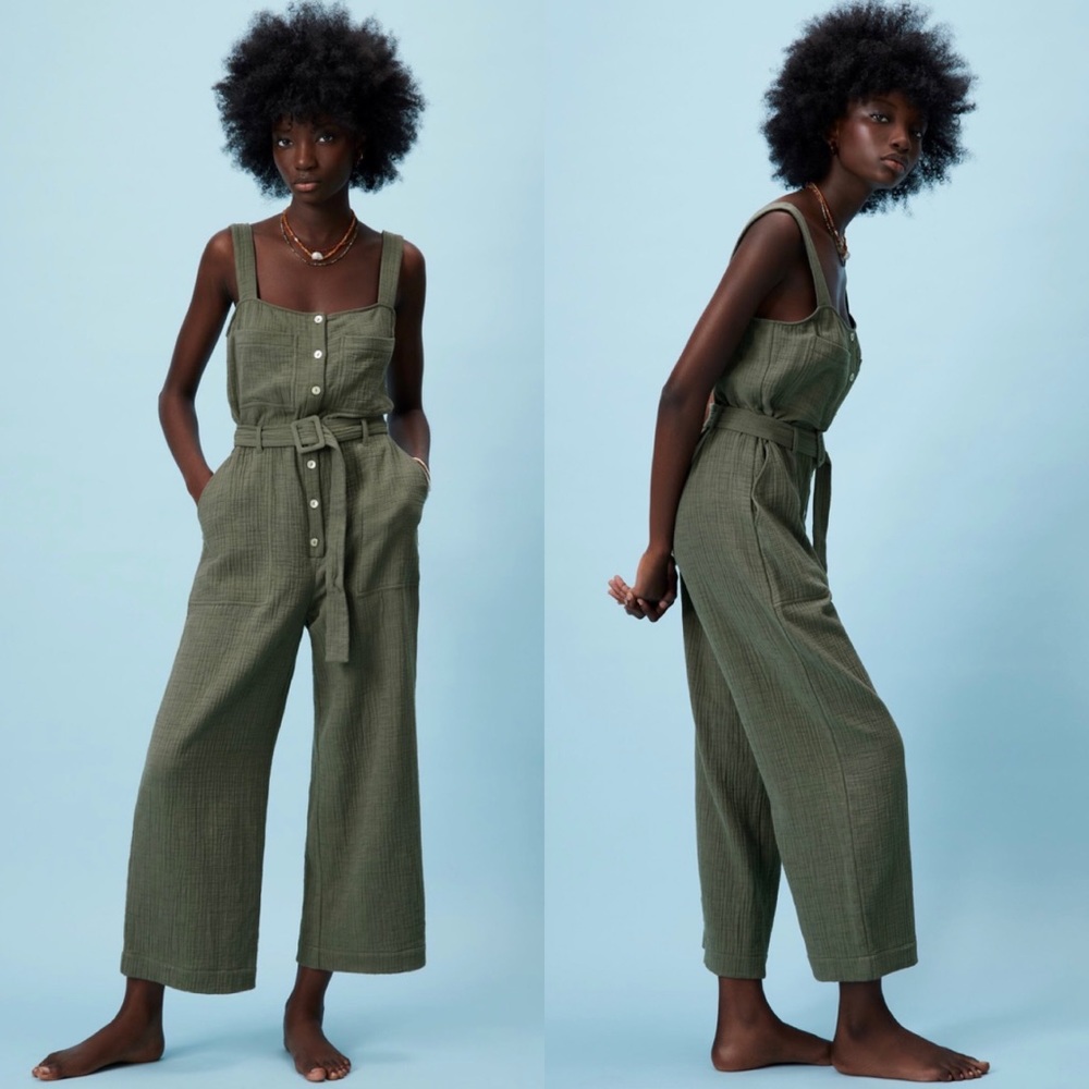 Zara Textured Gauzy Button Front Belted Jumpsuit